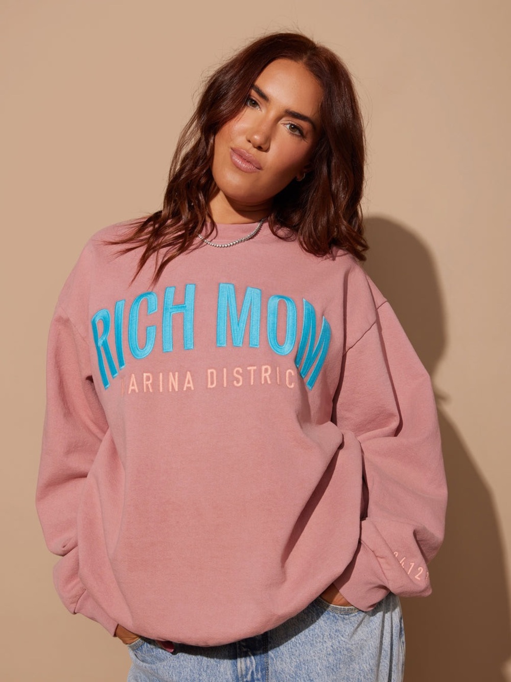 Rich Mom Gear Tinx Marina District Embroidered Crewneck Sweatshirt Pink Small